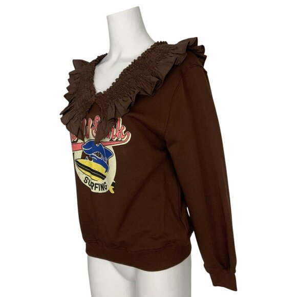 Wild Shark Surfing Sweatshirt By Panduola Studio S/M Brown Long Sleeve Upcycled - Picture 3 of 12